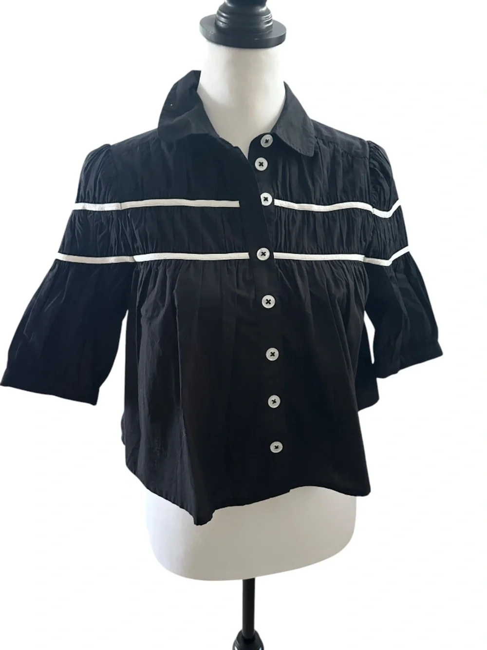 NWT Maeve Leandra Cotton Shirred Yoke Black Button Down Short Sleeve Blouse XXS - Picture 5 of 9